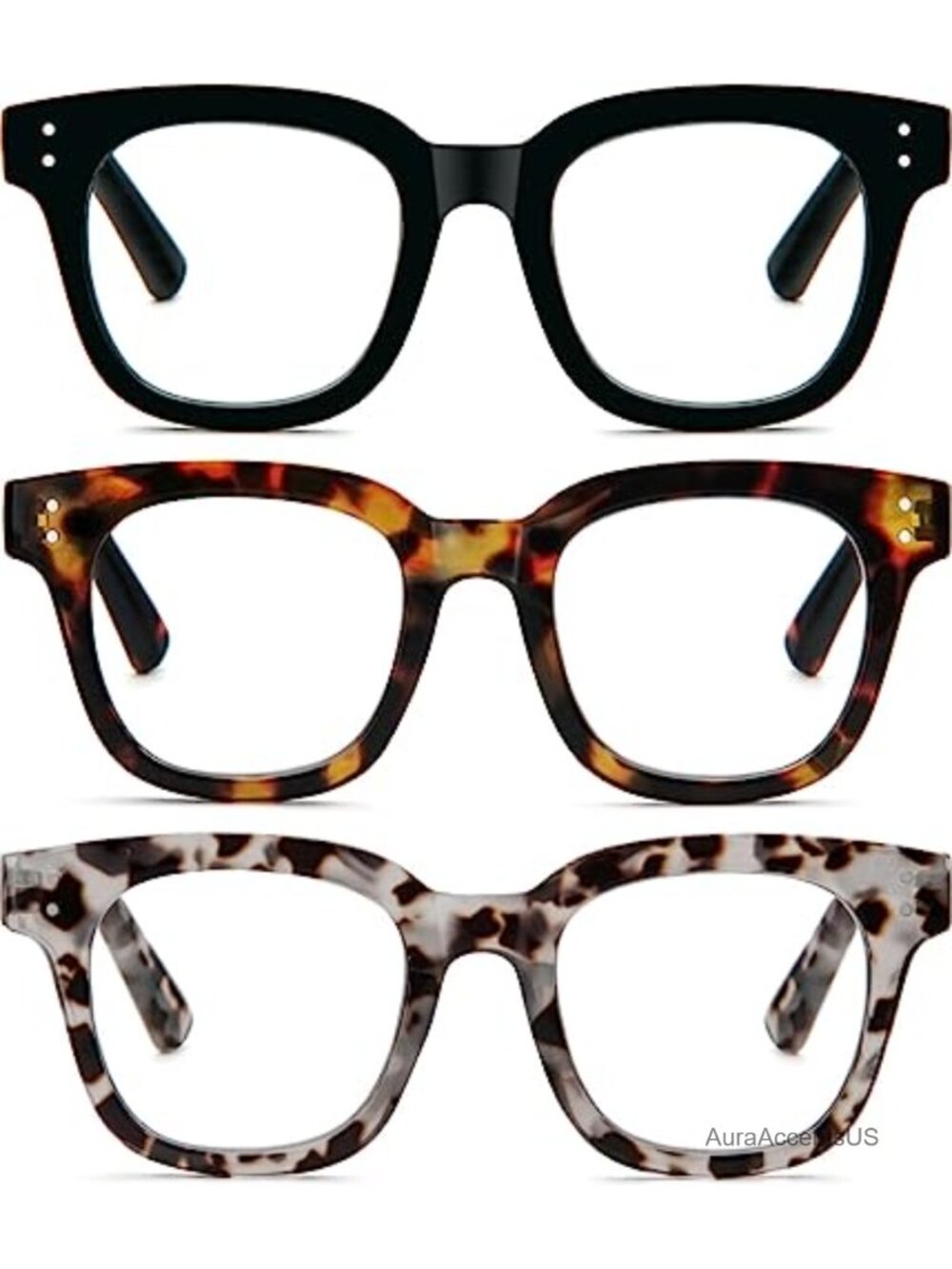 3 Pack Oversized Square Blue Light Blocking Reading Glasses Spring Hinge